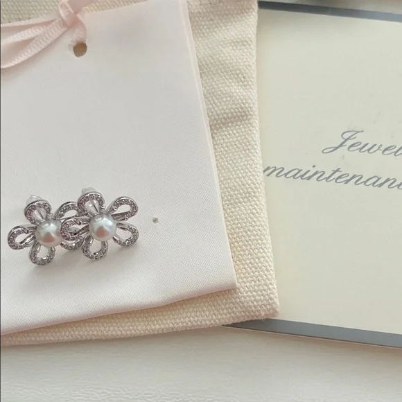 Silver Flower Pearl Earrings | Sterling Silver Posts | Holiday Gift for Her - Picture 6 of 7